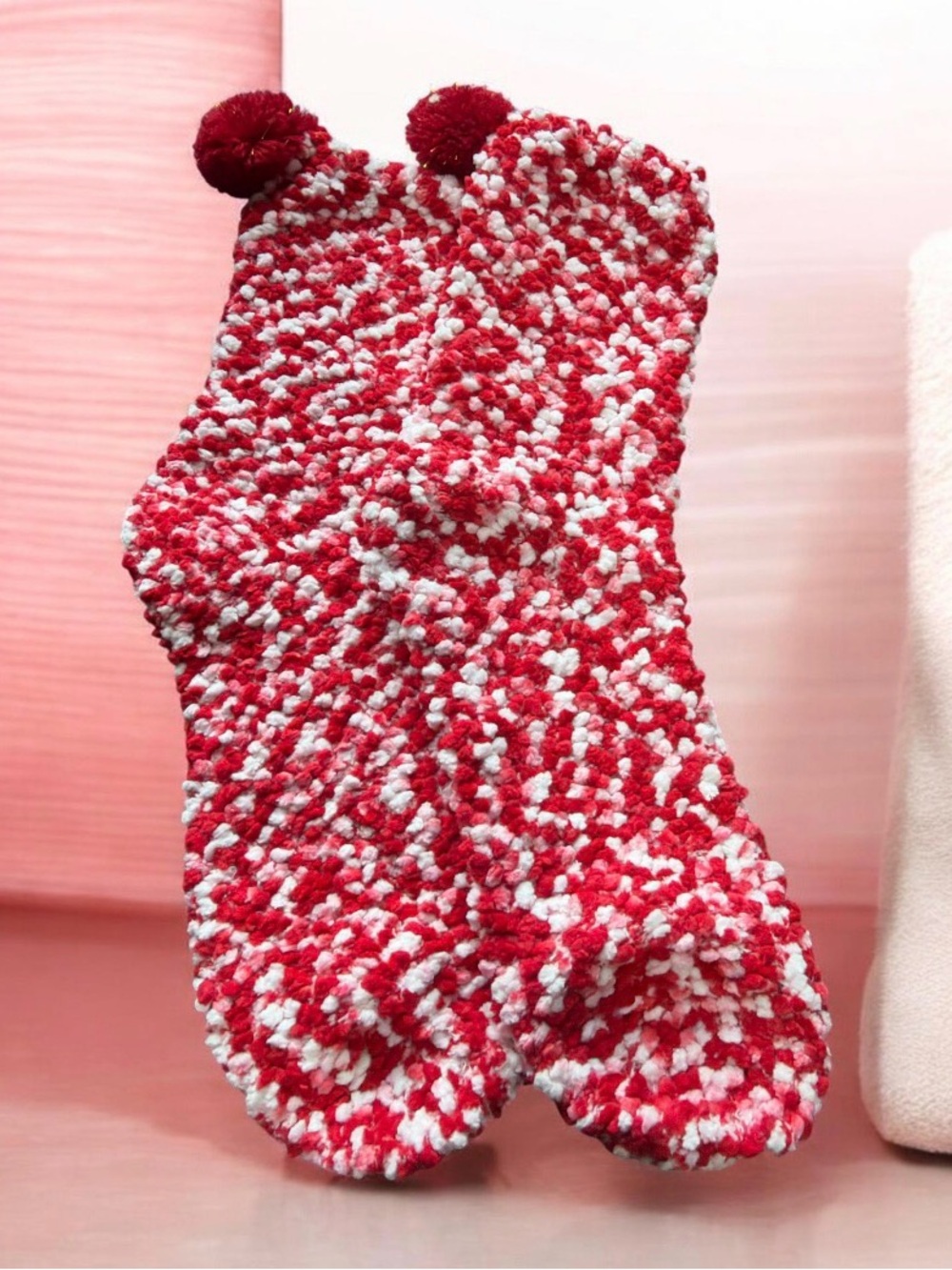 Cute Red & White Pom-Pom Knit Socks